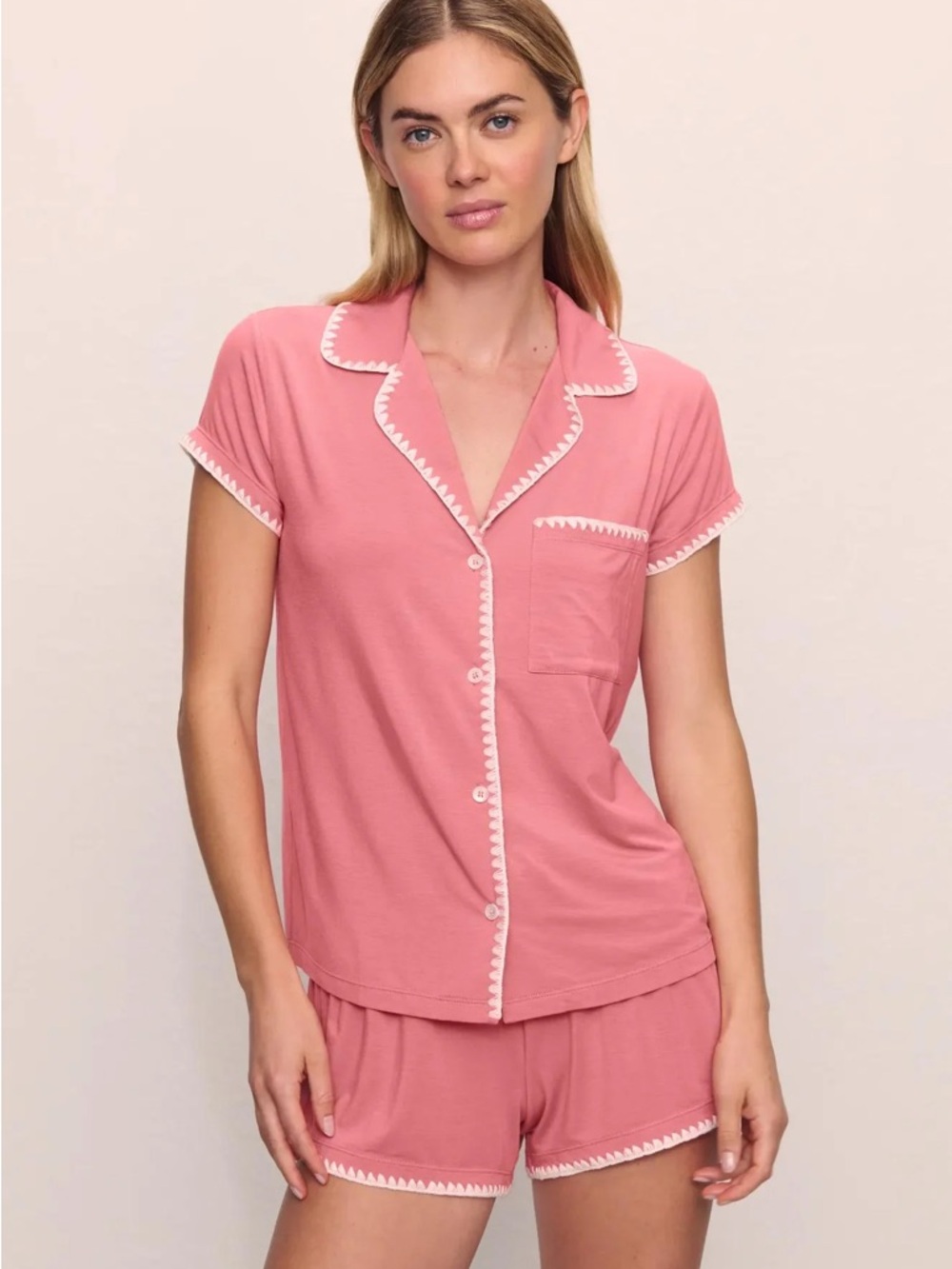 Eberjay Womens Pink Short-Sleeve Pajama Set with Contrast Trim